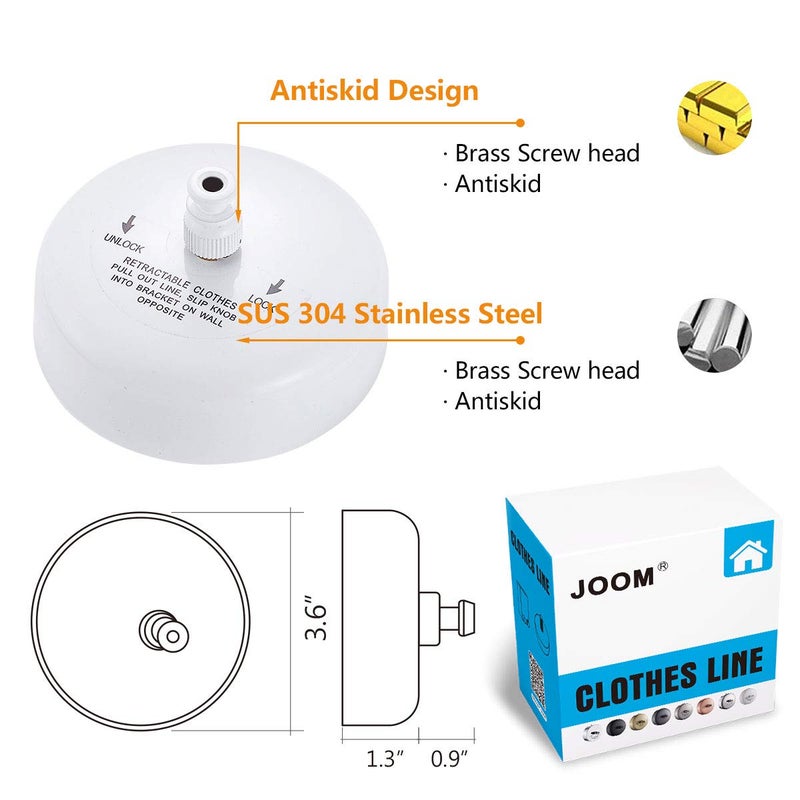 JOOM Retractable Clothesline Stainless Steel Heavy Duty 9Feet(MAX) for Hanging Drying in Bathroom Laundry Hotels, Chrome Finish,Round Style (White) - Image 3